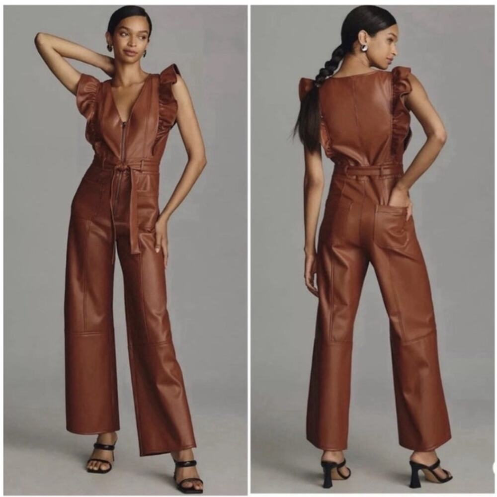 NWT Maeve Anthropologie 8 The Colette Faux Leather Cropped Wide-Leg Jumpsuit